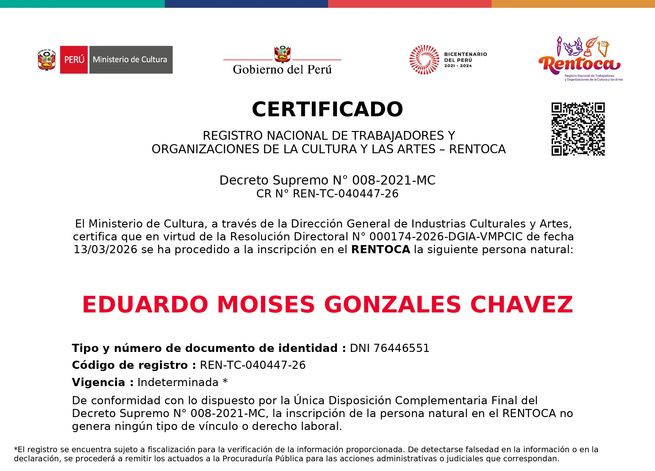 Acreditación Oficial RENTOCA Ministerio de Cultura del Perú - Eduardo M. Gonzales